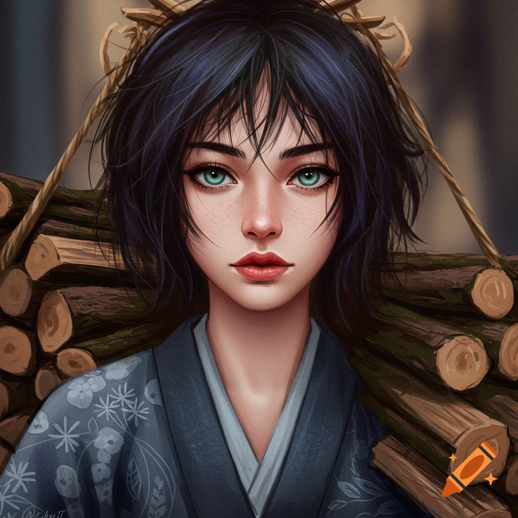 A young woman with dark hair and green eyes wearing a kimono, carrying firewood.