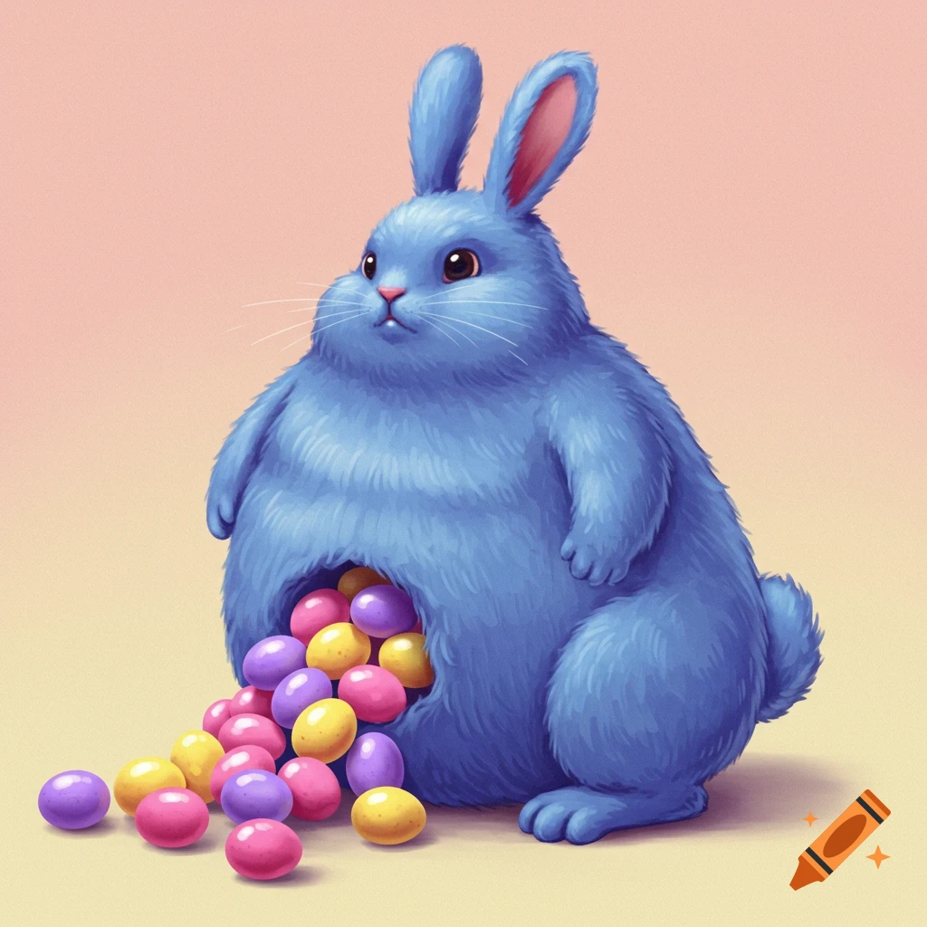 A fluffy blue rabbit with a hole in its belly spilling colorful Easter eggs.