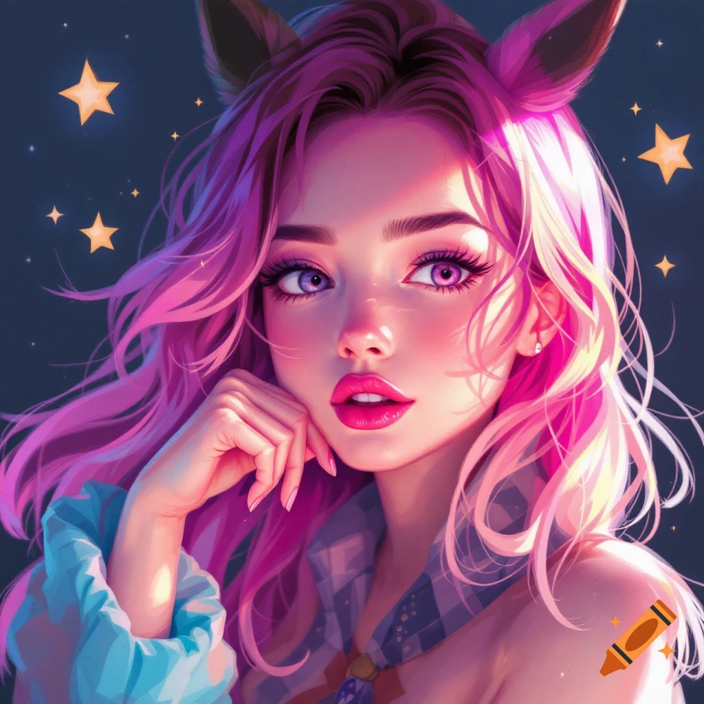 A young woman with pink hair, purple eyes, and animal ears, against a starry background.