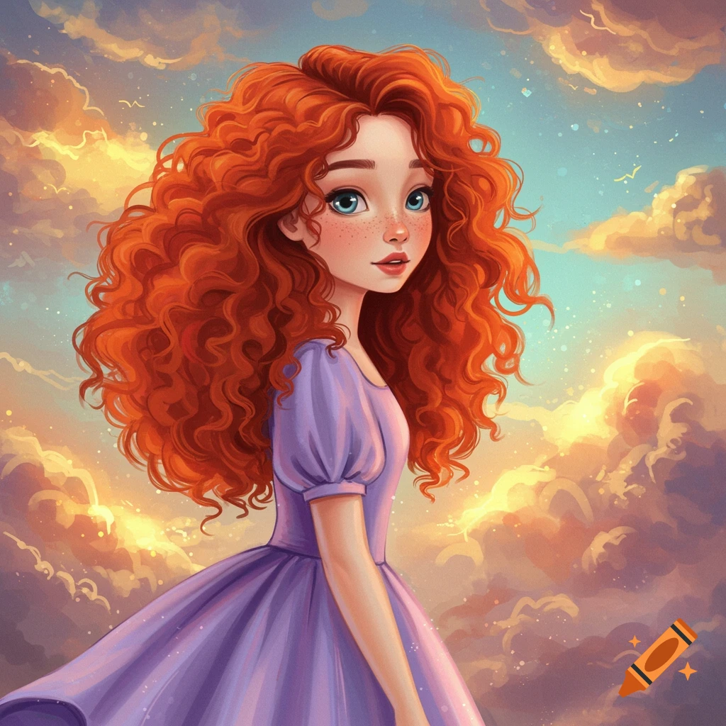 A young girl with red curly hair in a purple dress against a dreamy, cloudy sky.