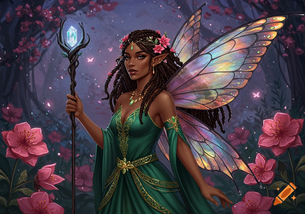 A fairy queen with large colorful wings, holding a glowing staff in a magical forest with pink flowers.