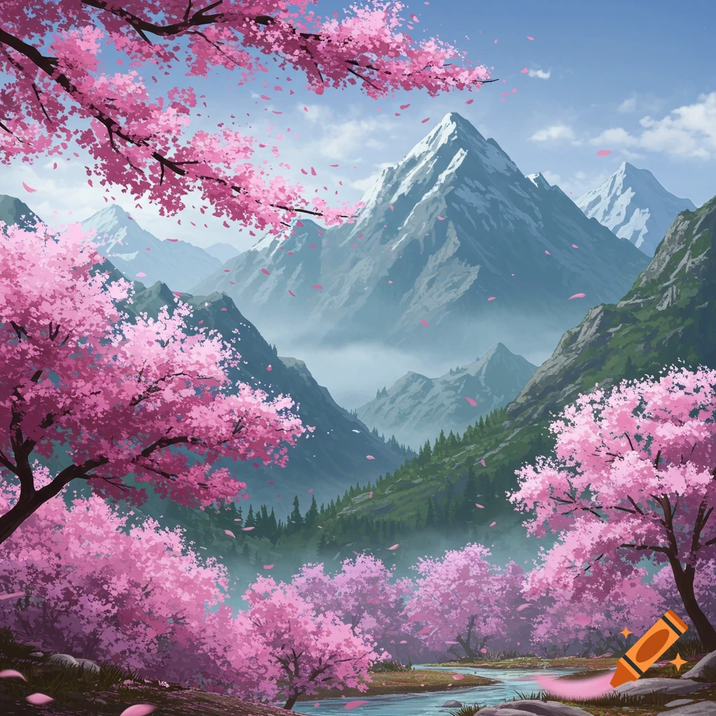 A lush valley with abundant pink cherry blossom trees, a winding river, and majestic snow-capped mountains under a blue sky.
