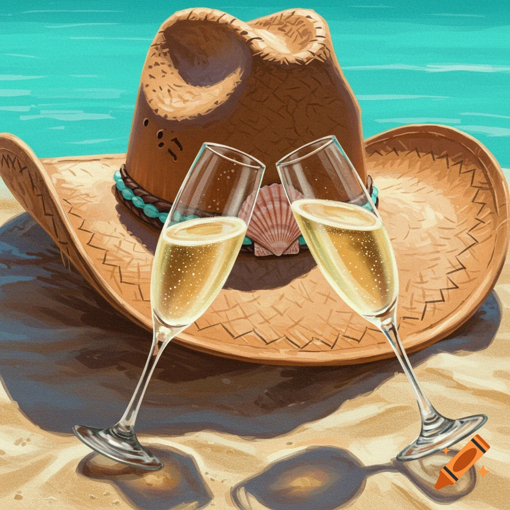 A cowboy hat and two champagne glasses on a beach.