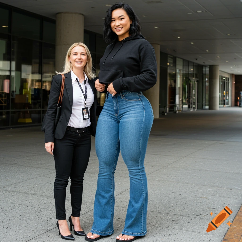 Two women stand outside a building, one tall in a black hoodie and flared jeans, the other shorter in a business suit.