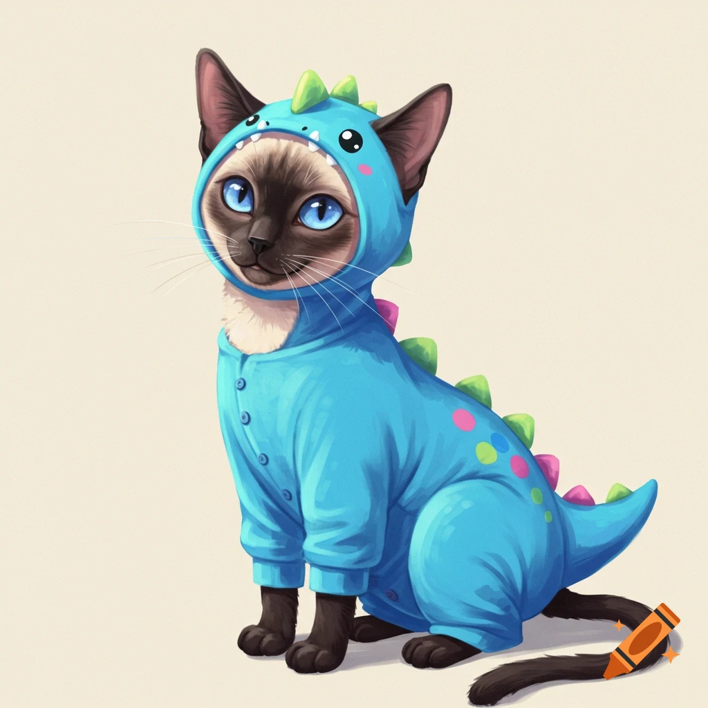 A Siamese cat wears a blue dinosaur costume.