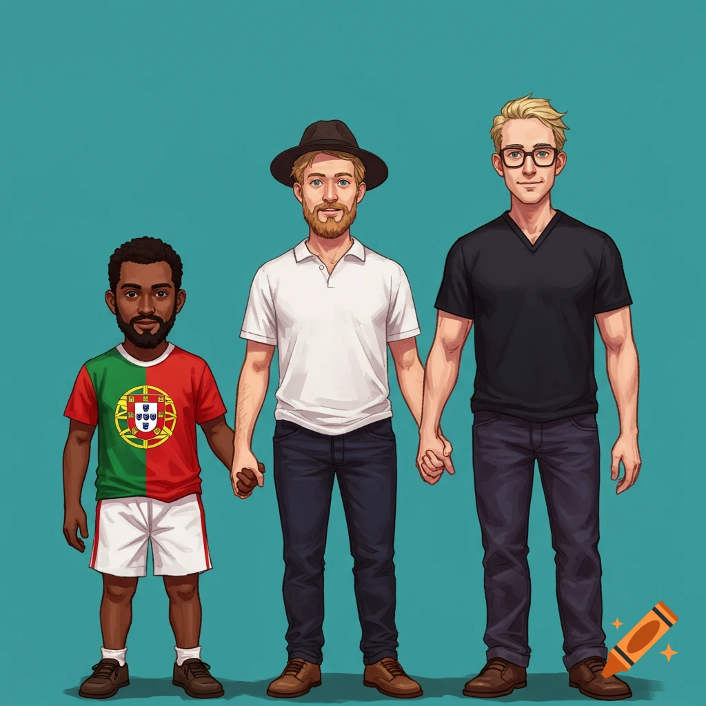 Three stylized men holding hands. One is short with a Portugal shirt, one has a hat, and one is tall with glasses.