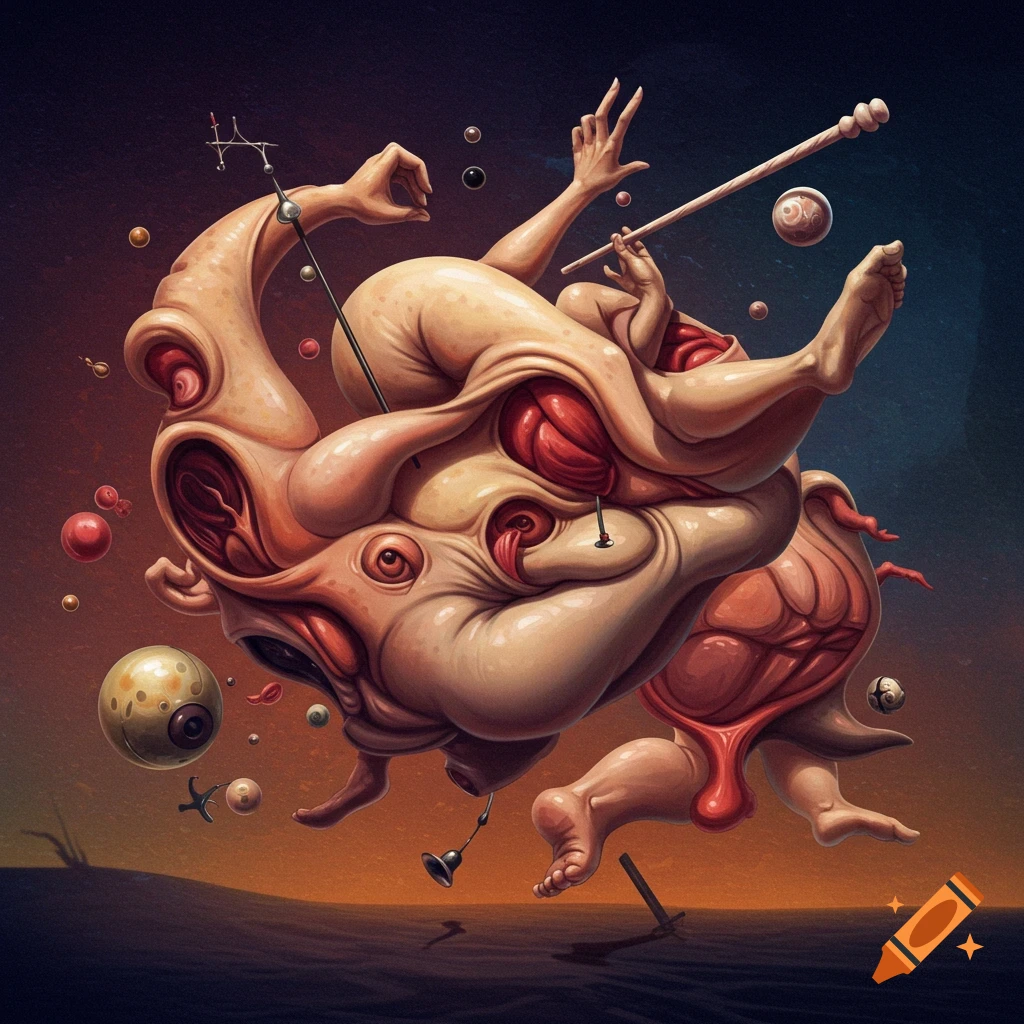 A grotesque and surreal creature made of distorted body parts and organs floats in a dark landscape with strange objects.