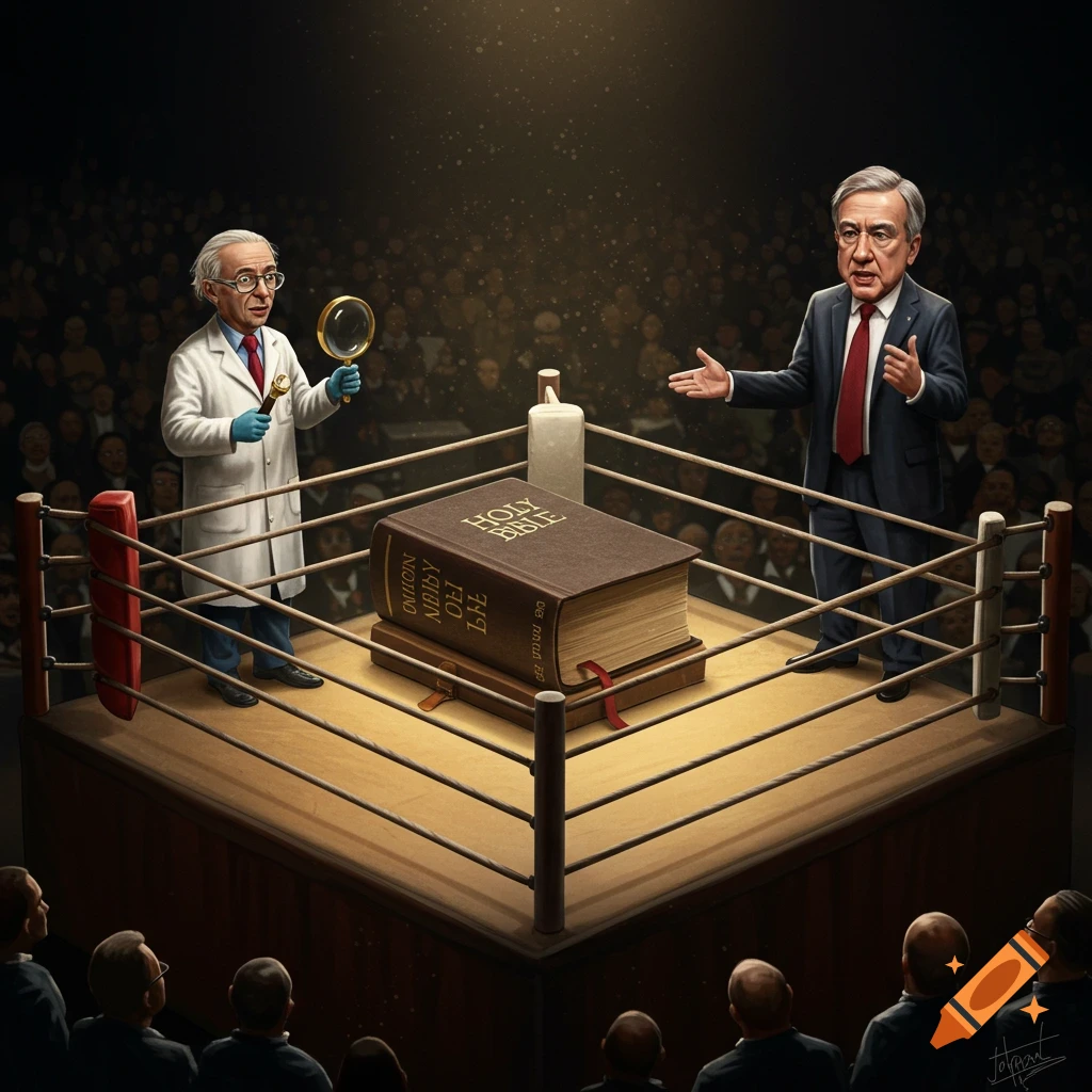 a scientist and politician facing off over a bible in a boxing ring