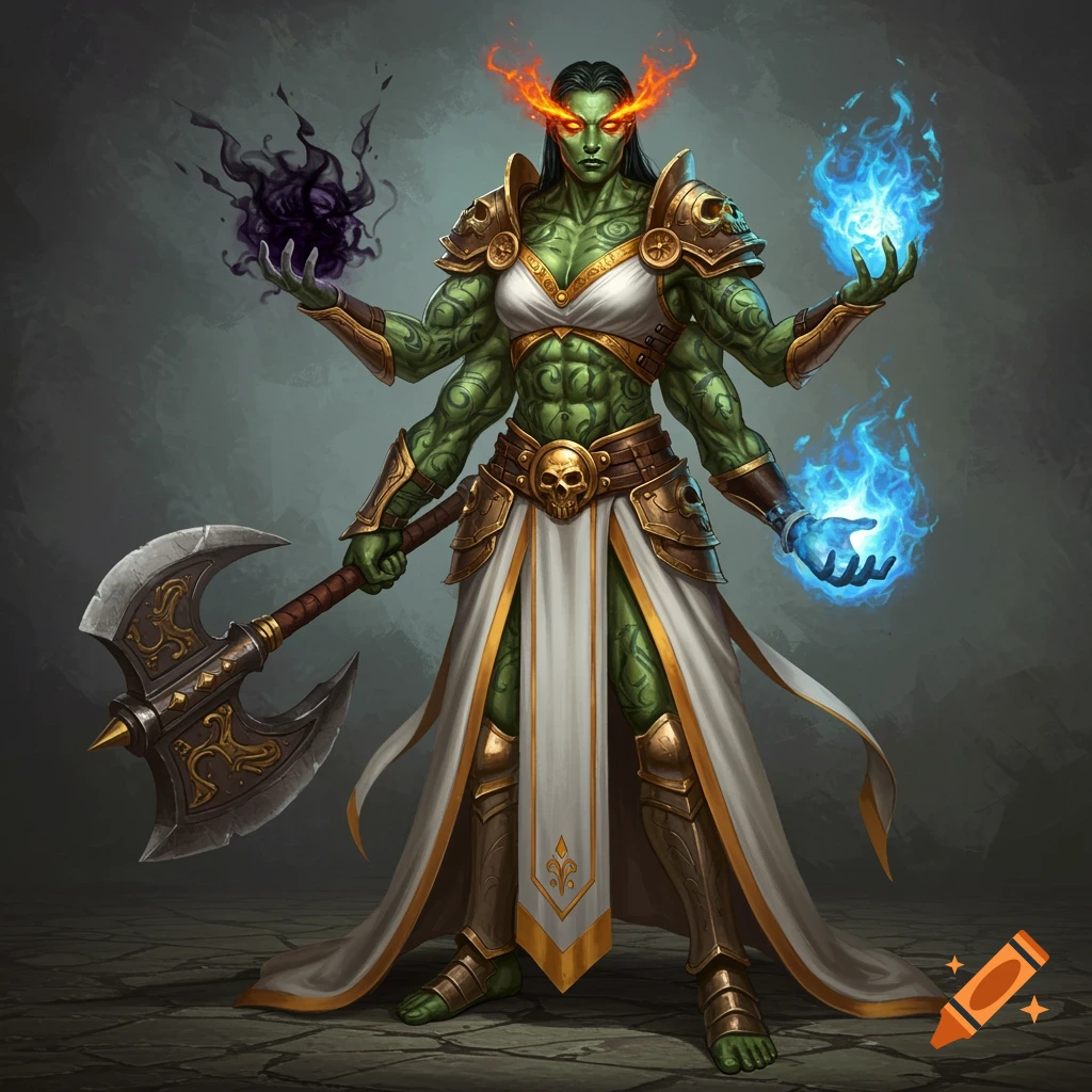A four-armed green-skinned female warrior with fiery eyes, golden armor, and an axe, holding shadow and fire.
