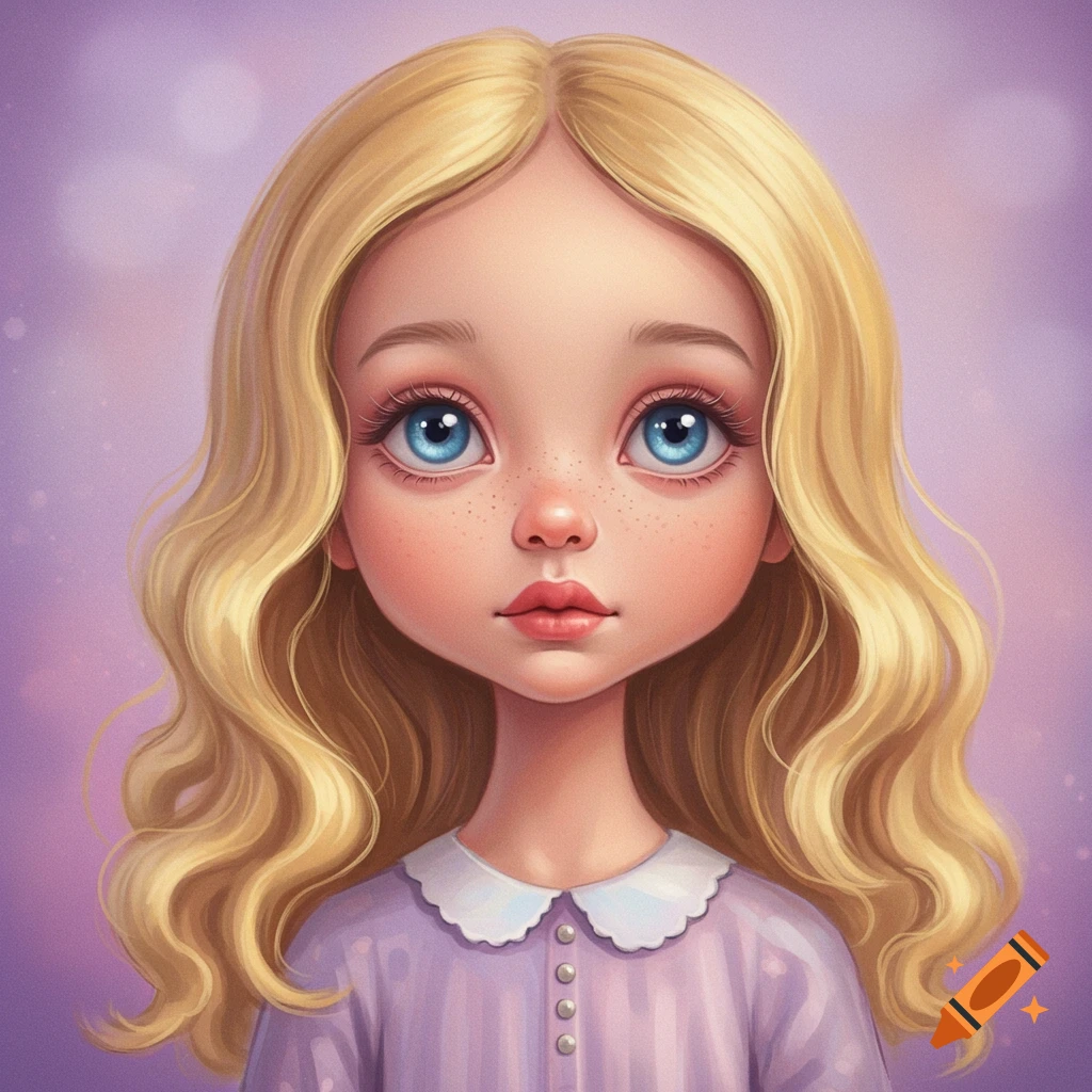 A whimsical blonde girl with large blue eyes in a purple dress.