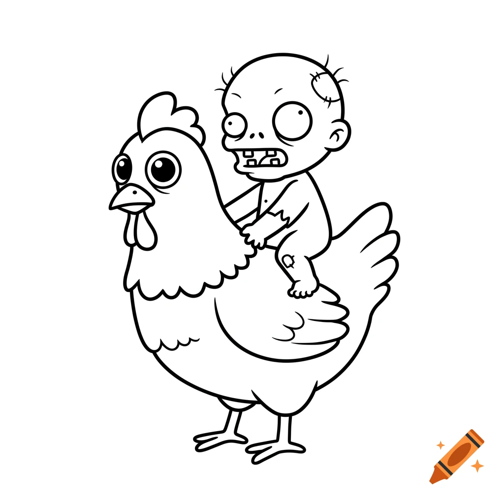 Line drawing of a cartoon baby zombie riding a chicken