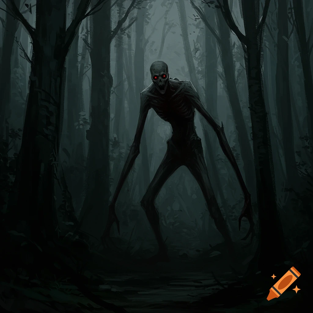 Tall skeletal figure with red eyes in a dark forest