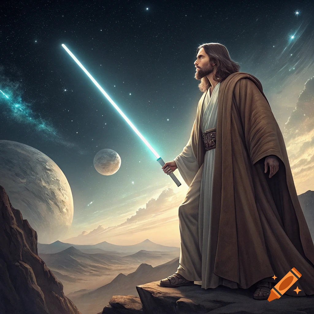 Figure in a robe holding a lightsaber on a rocky cliff overlooking an alien landscape.