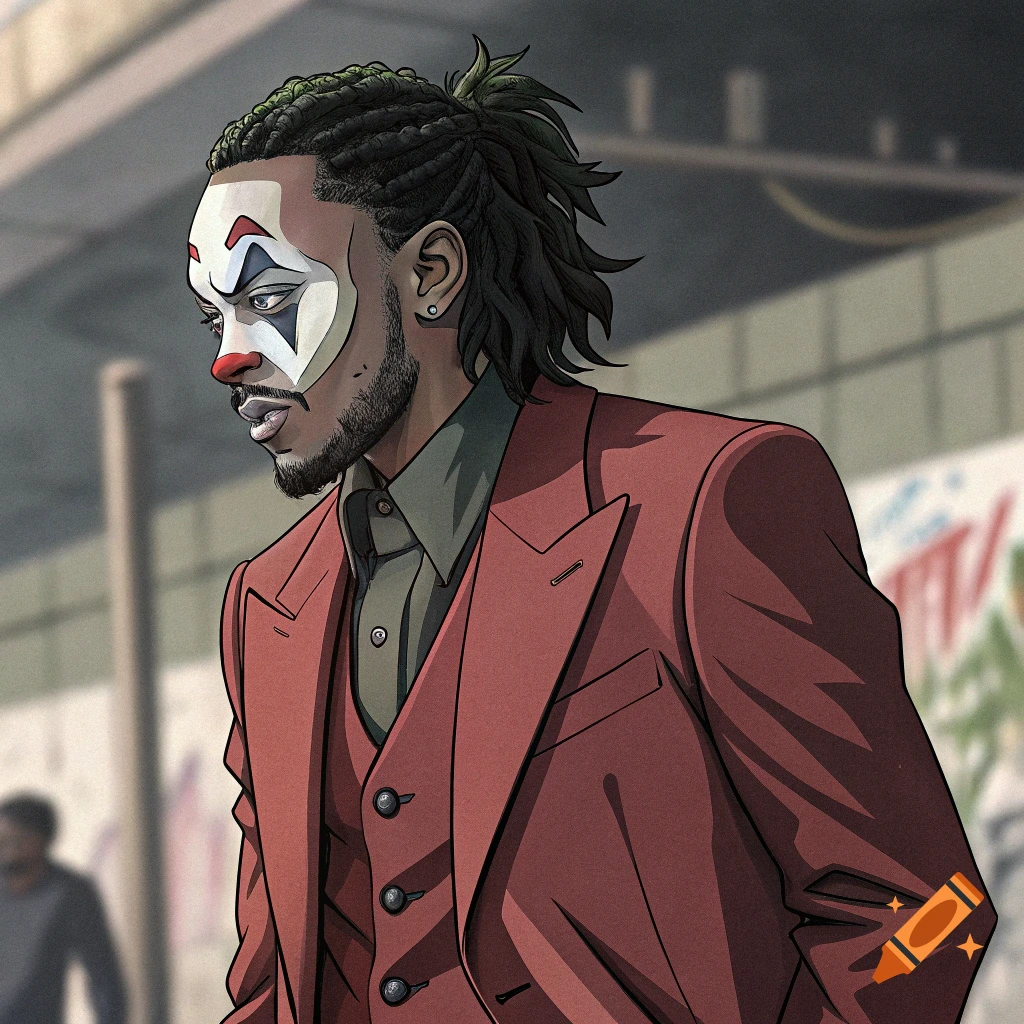 Anime illustration of a character like Kendrick Lamar as the Joker in a red suit on a street.