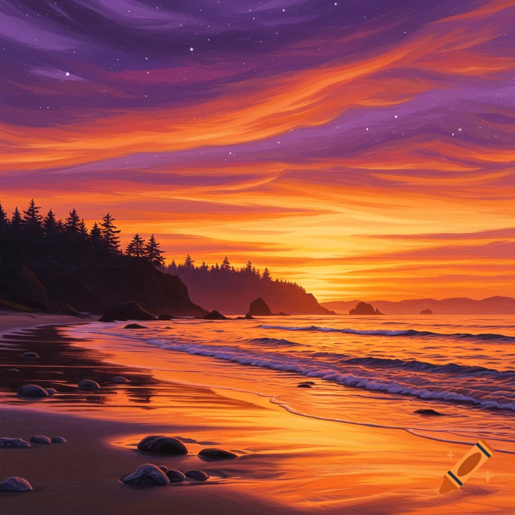 A vibrant purple and orange sunset hangs over a beach and ocean with trees.
