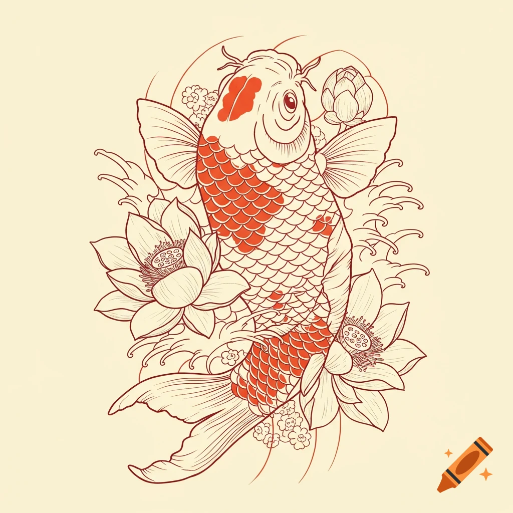 Japanese style line art drawing of a koi fish with lotus flowers