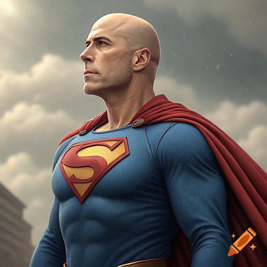 A man resembling a bald John Travolta in a Superman costume looks up at a cloudy sky.