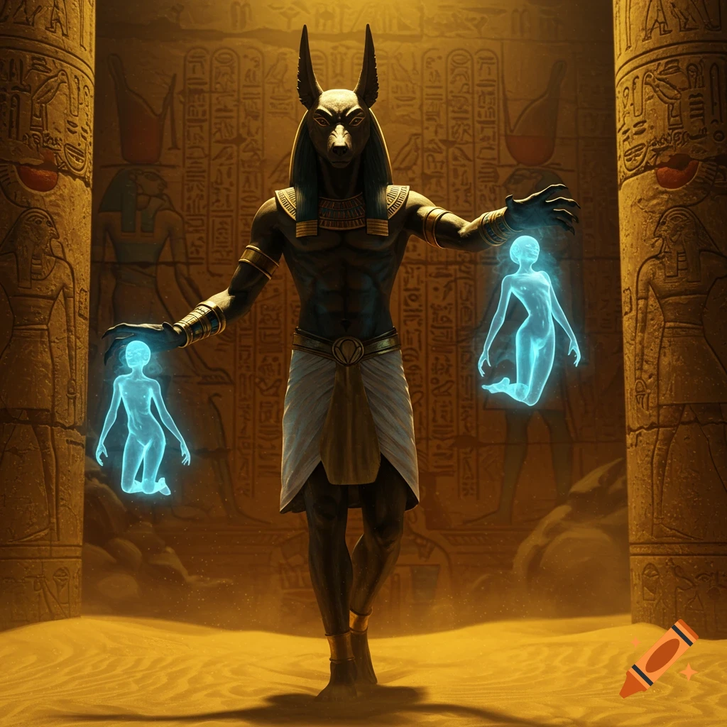 Anubis, the Egyptian jackal-headed god, holds two glowing blue souls in an ancient temple.