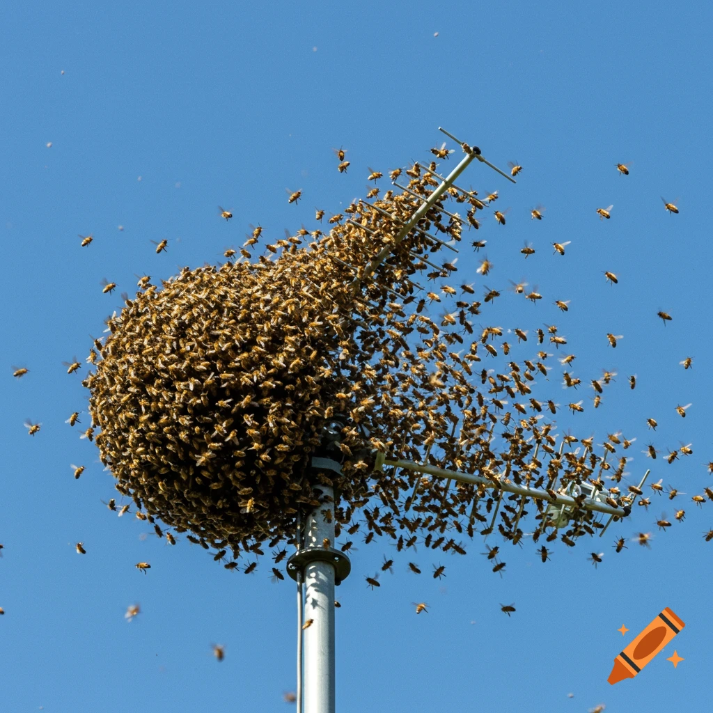 A large swarm of bees covers a television antenna on a pole, with many bees flying around in a blue sky.
