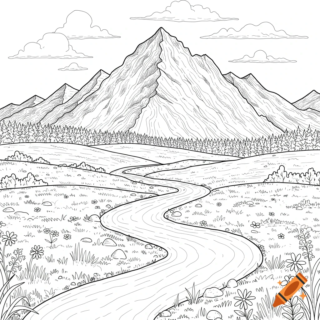 Black and white landscape line art for coloring, showing a mountain, river, forest, and field.
