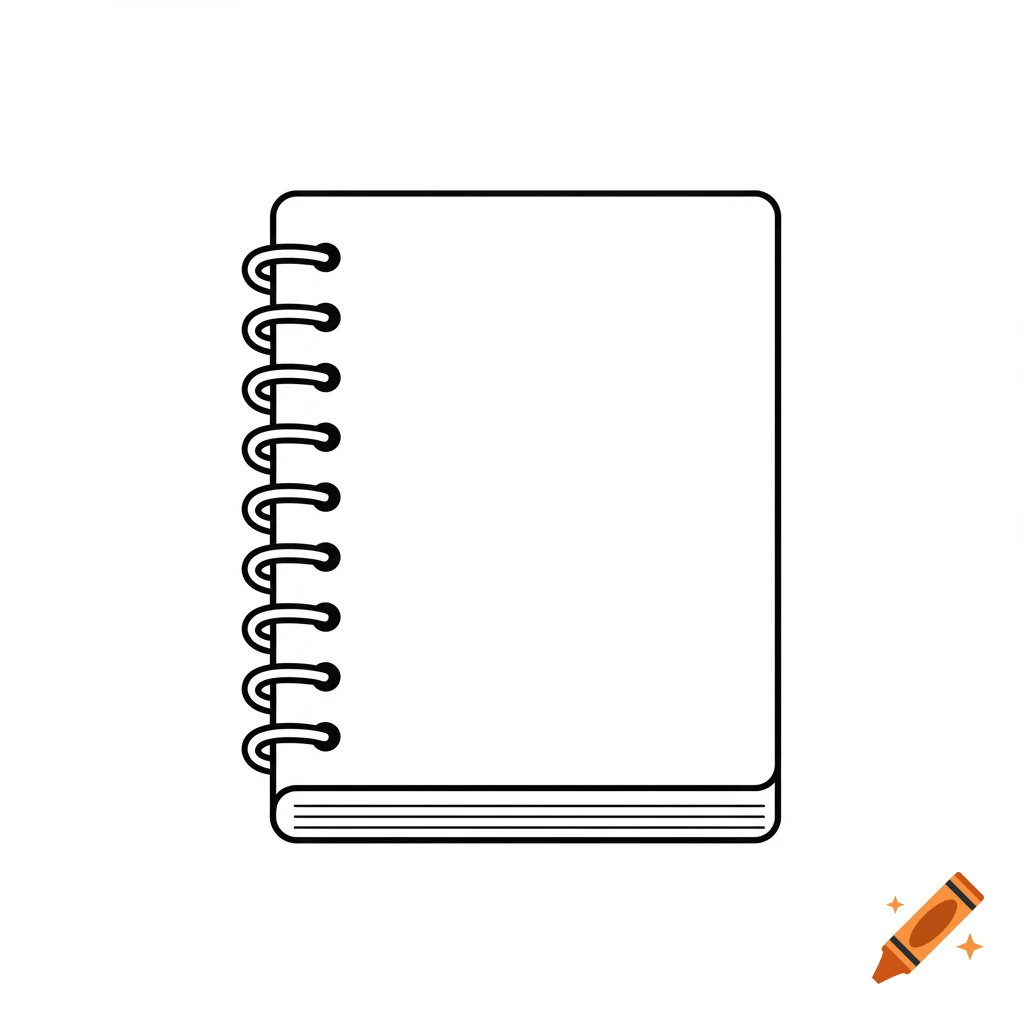 Simple black and white line drawing of a spiral notebook