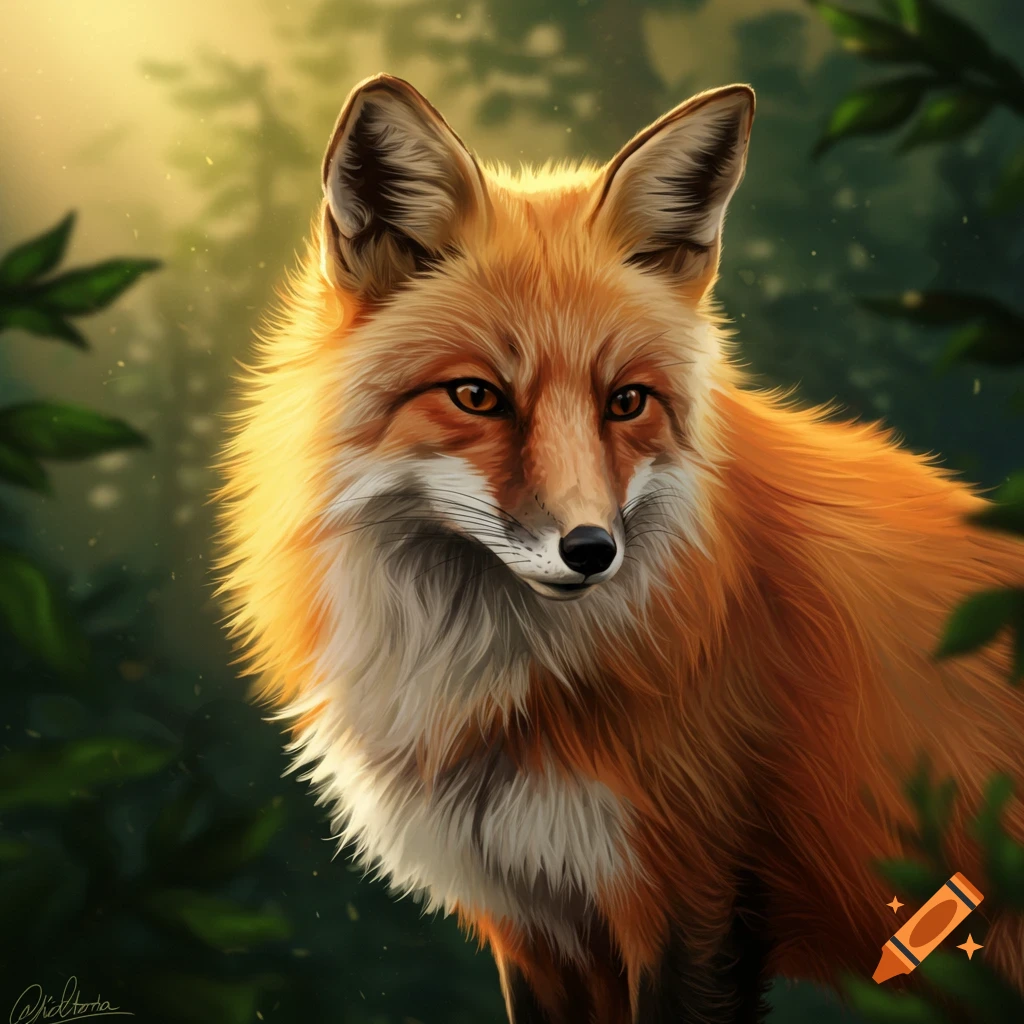 A close-up of a red fox in a sunlit forest.