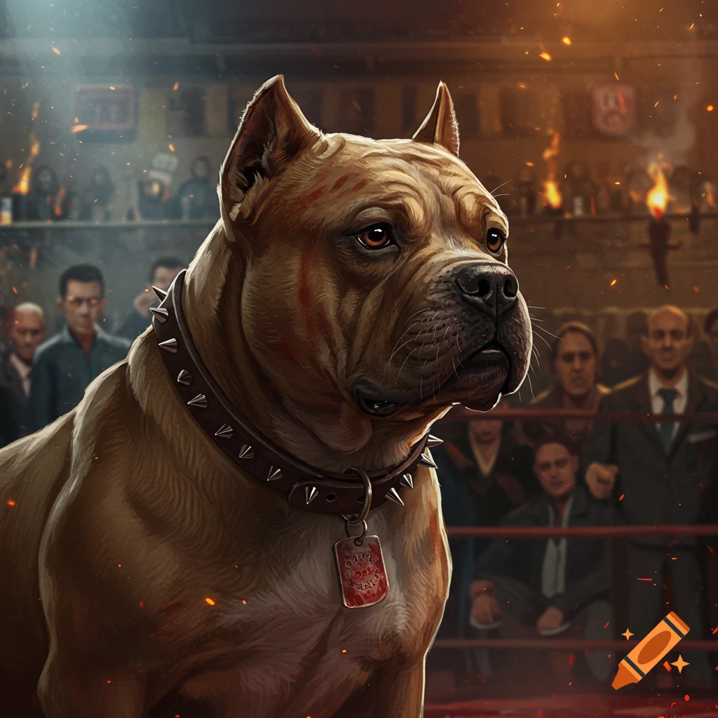 A muscular dog with a studded collar in a fight ring with spectators.
