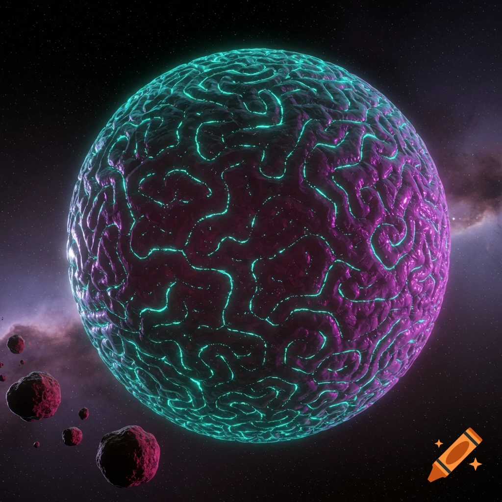 Video game concept art of a purple brain-like planet with glowing blue lines orbiting in space near red asteroids.