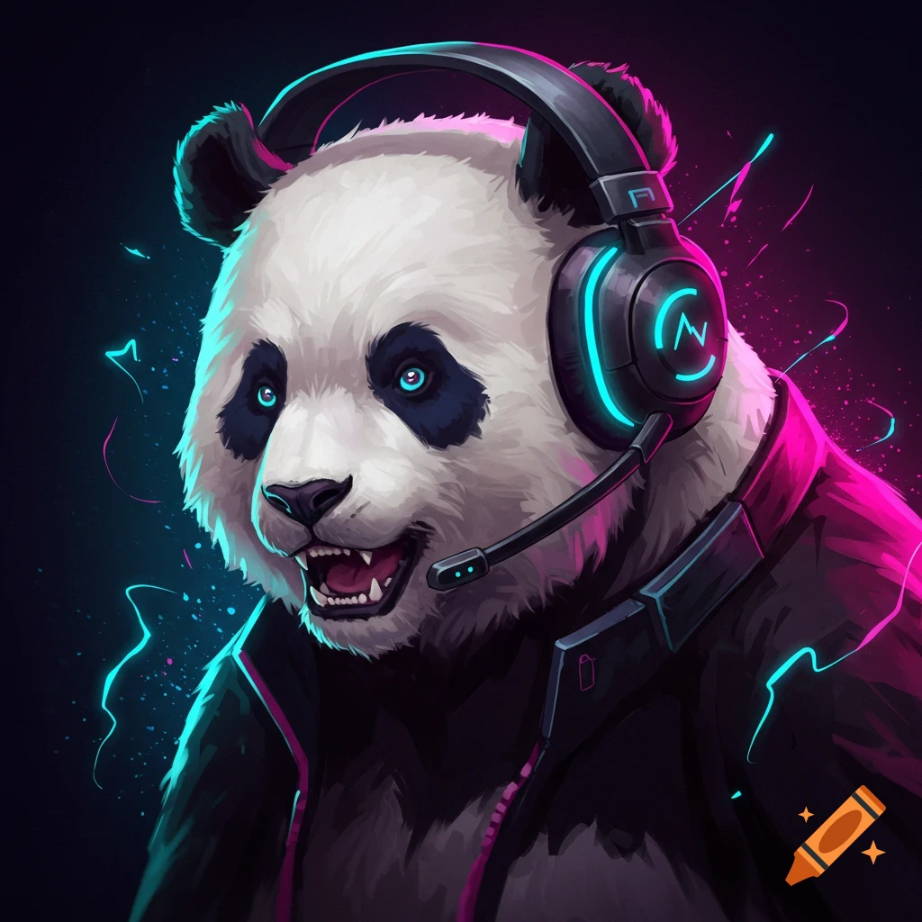 A stylized illustration of a panda wearing a glowing neon gaming headset.