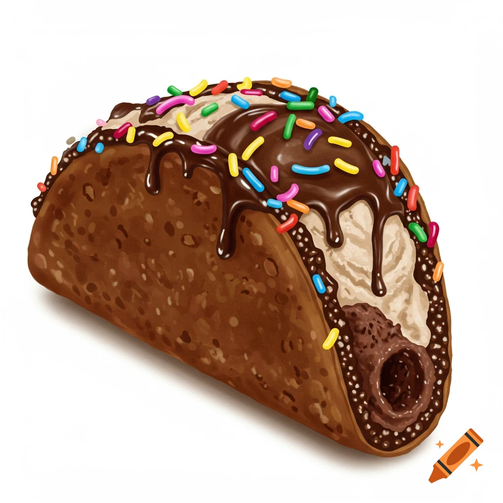 A chocolate ice cream taco with sprinkles and chocolate drizzle.