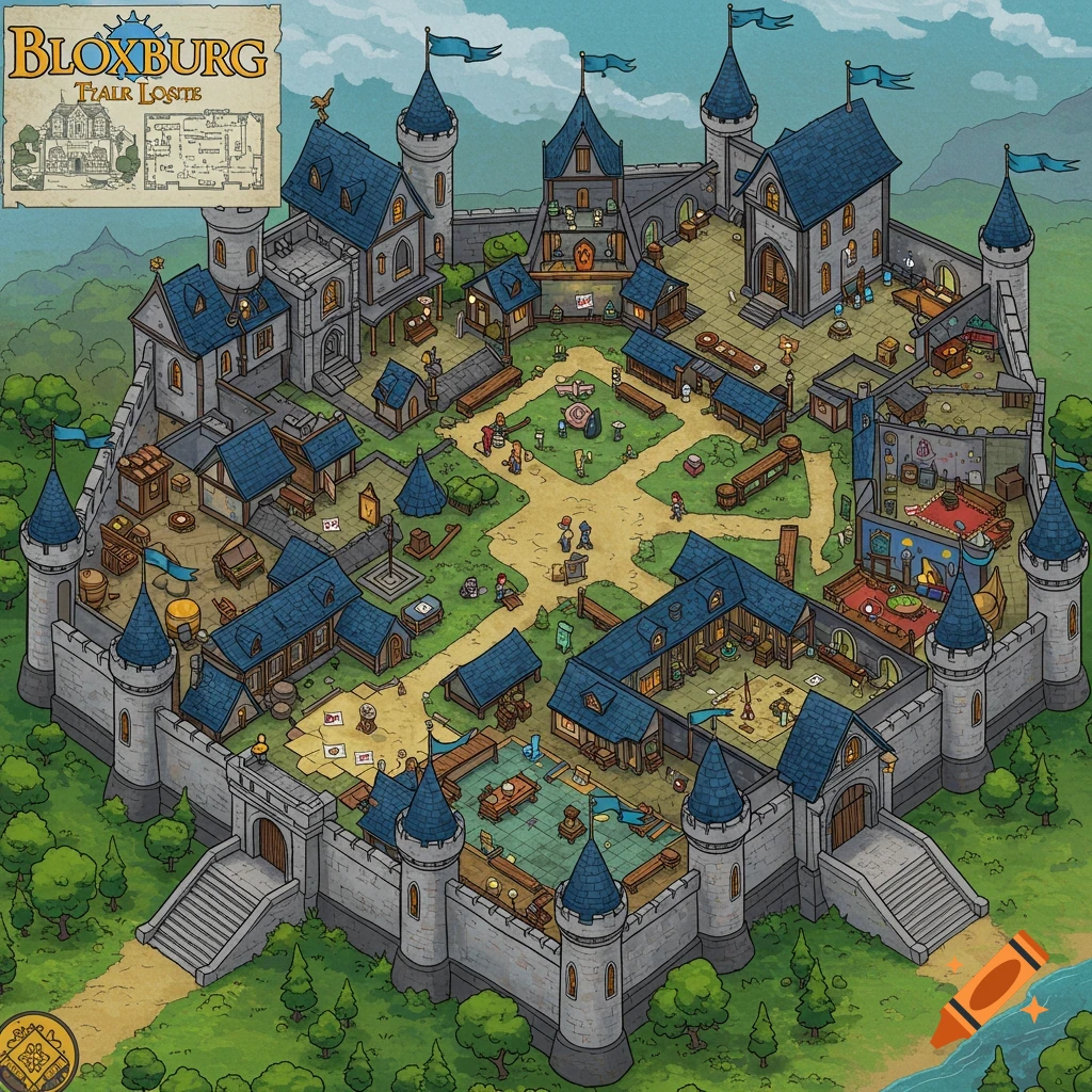 Isometric map of a medieval castle town with buildings, market, and figures, in a hand-drawn style.