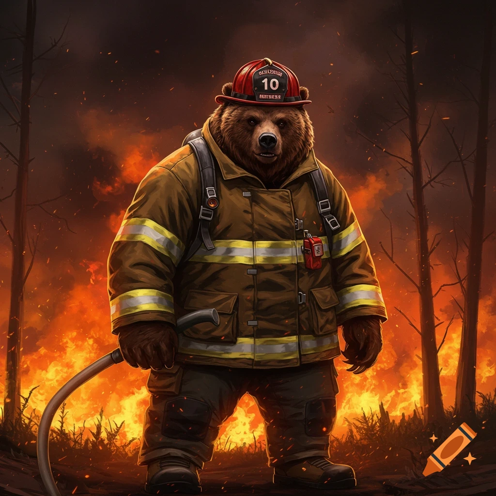 A bear in firefighter gear holding a hose nozzle in front of a forest fire.