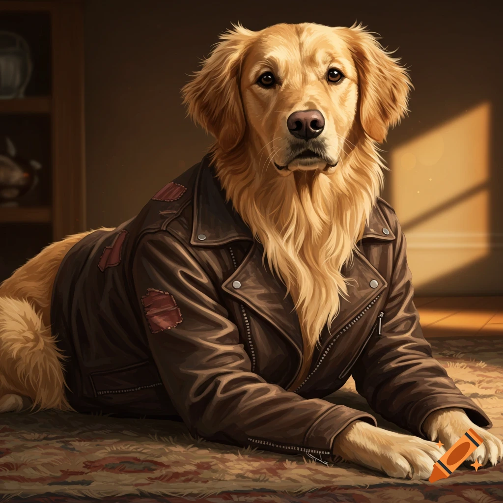 A golden retriever dog wearing a leather jacket is lying on a rug.