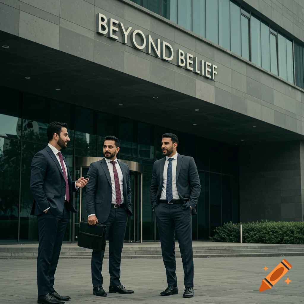 Three businessmen in suits standing outside a corporate building labeled 'Beyond Belief'