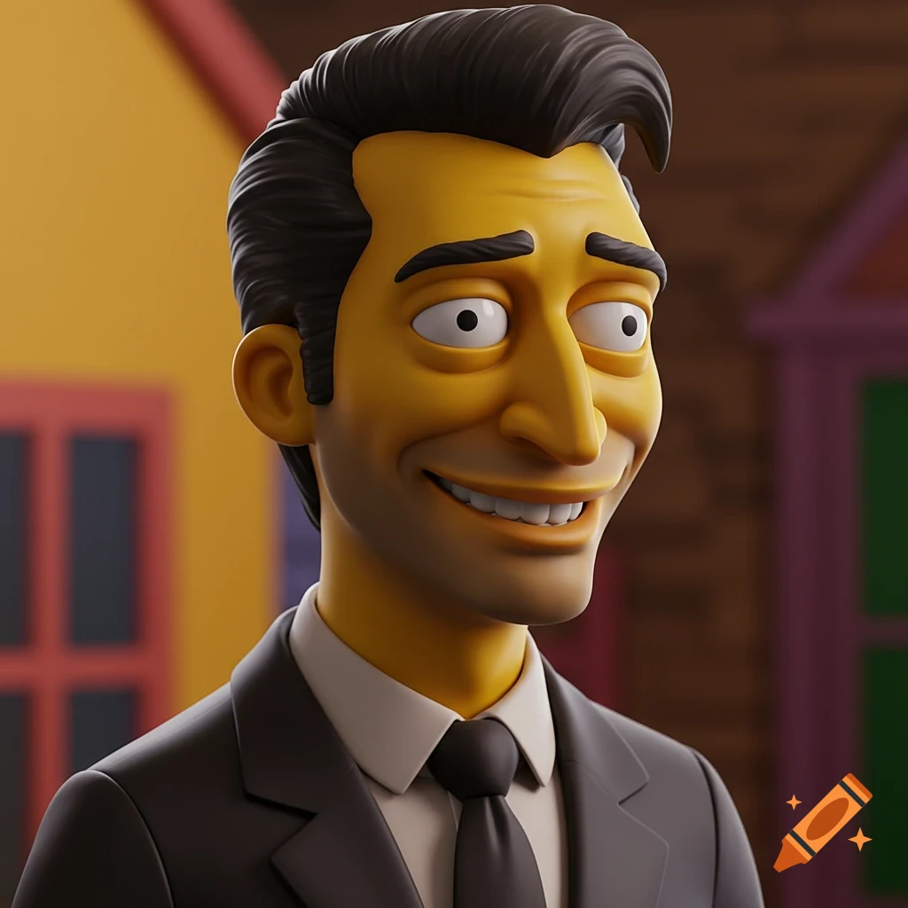 3D render of a cartoon character with yellow skin and a suit, resembling Troy McClure