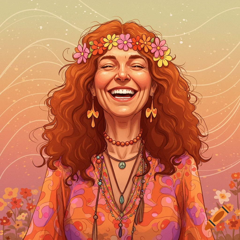 Illustration of a smiling woman in hippie style with long curly red hair and a flower crown.