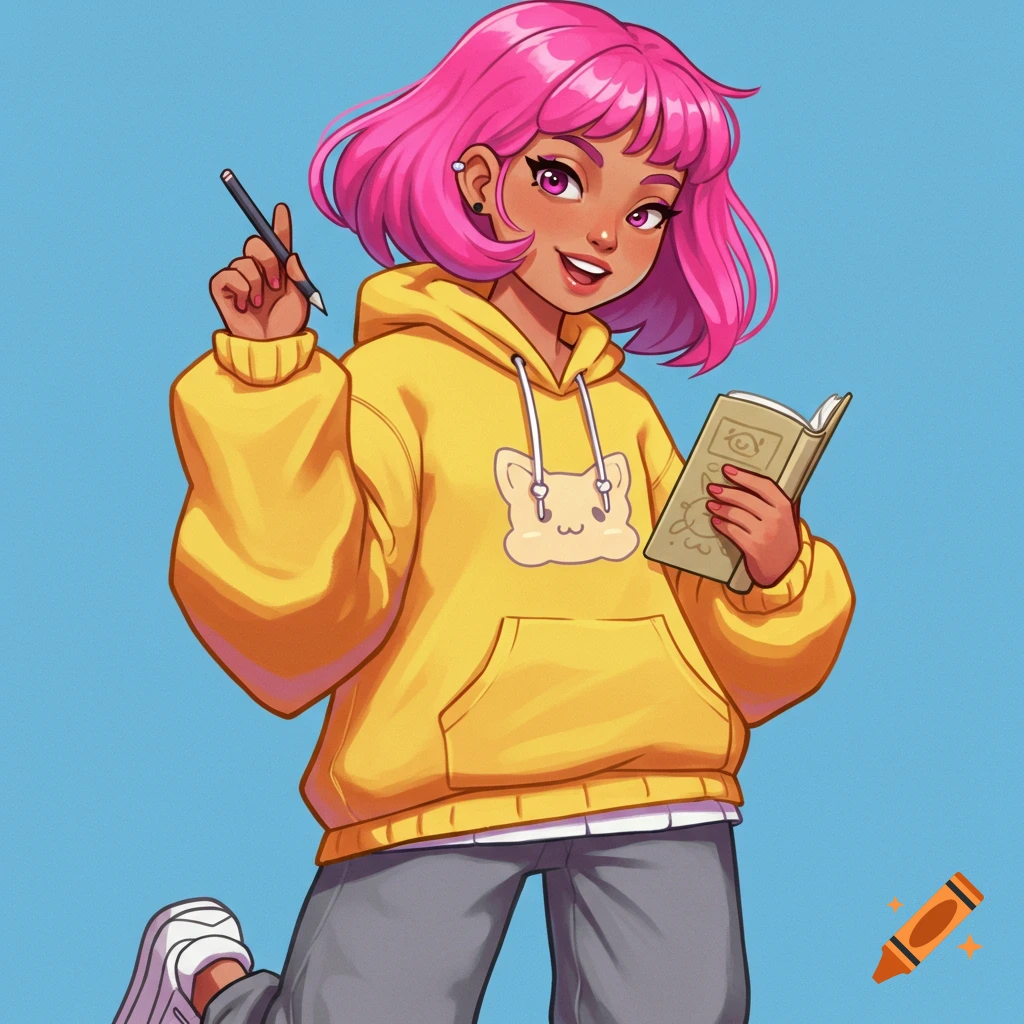 Stylized girl with pink hair, yellow cat hoodie, holding a book and pencil.