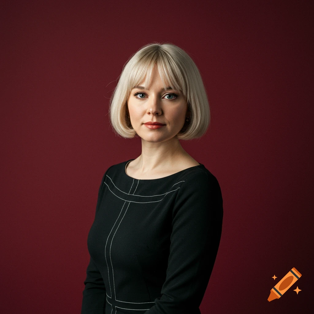 A portrait of a woman with blonde hair and blue eyes wearing a black dress against a red background.