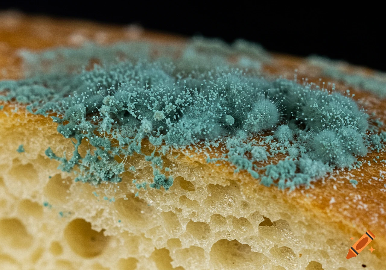 Close-up photo of fuzzy blue mold growing on bread.