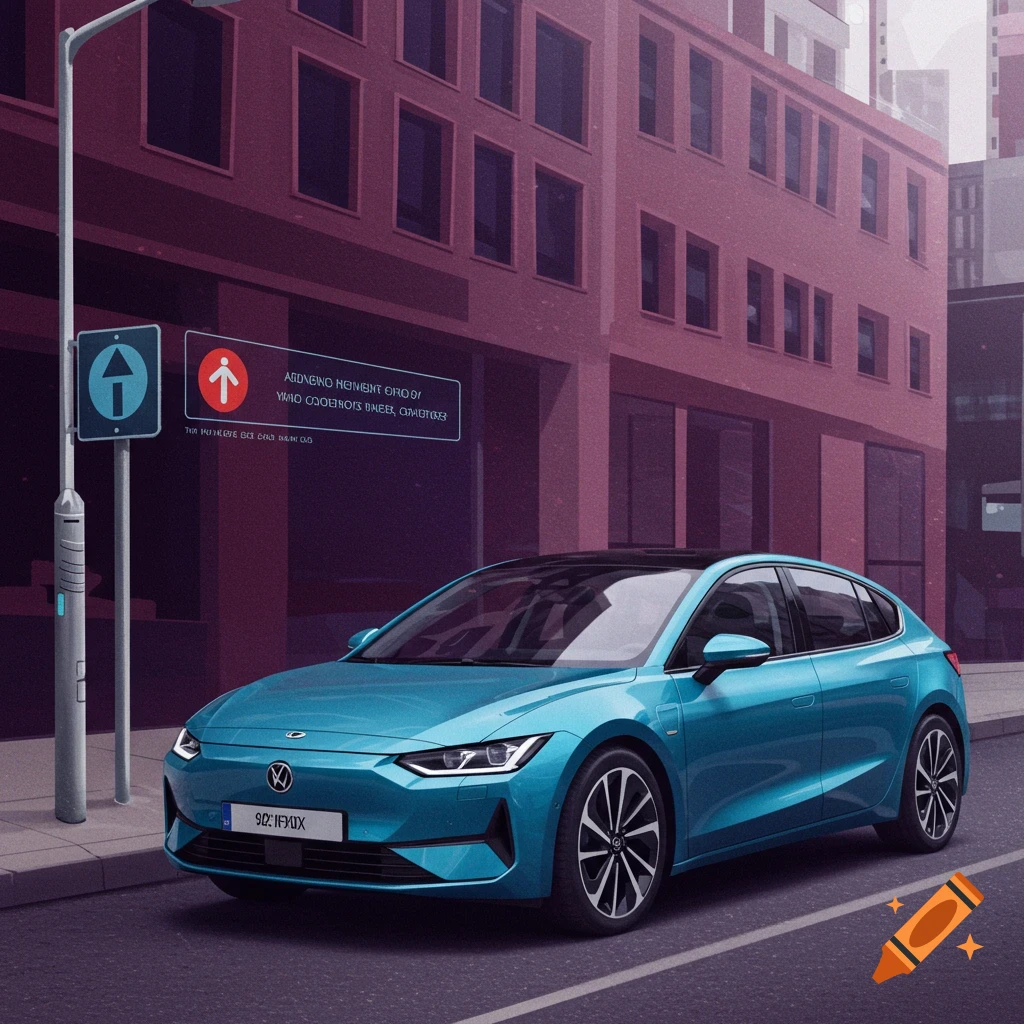 a blue electric car driving on a city street