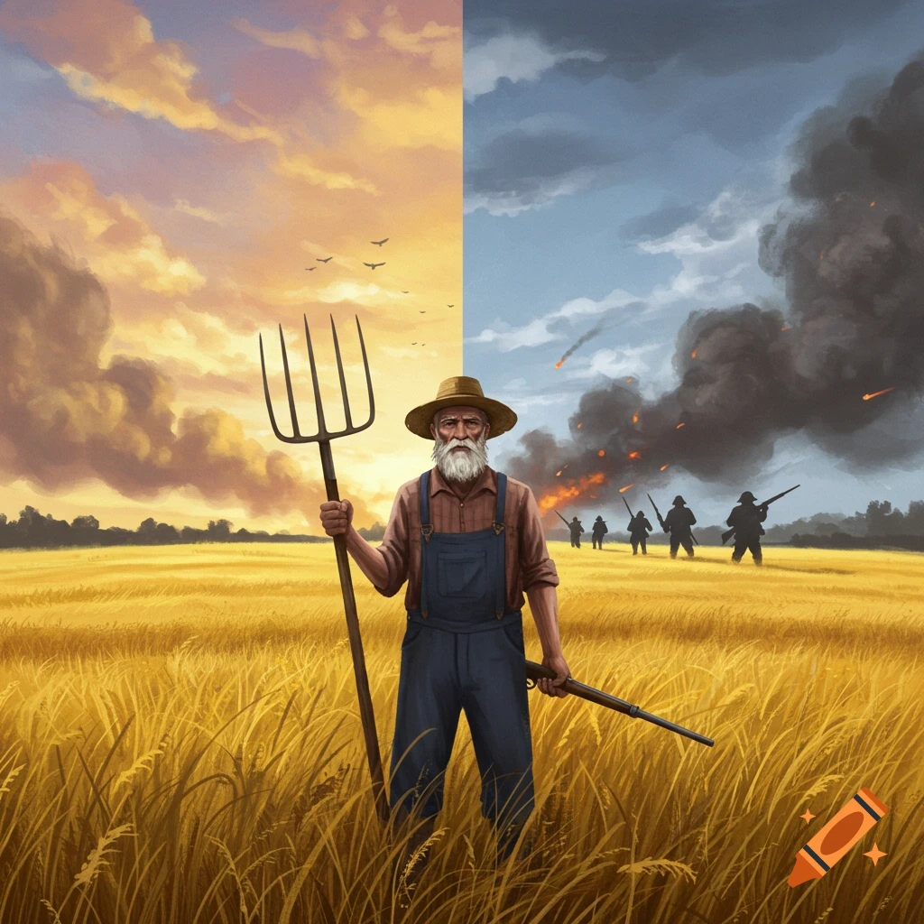 A grizzled farmer with a pitchfork and rifle stands in a wheat field under a split sky: half sunset, half stormy war scene with soldiers.