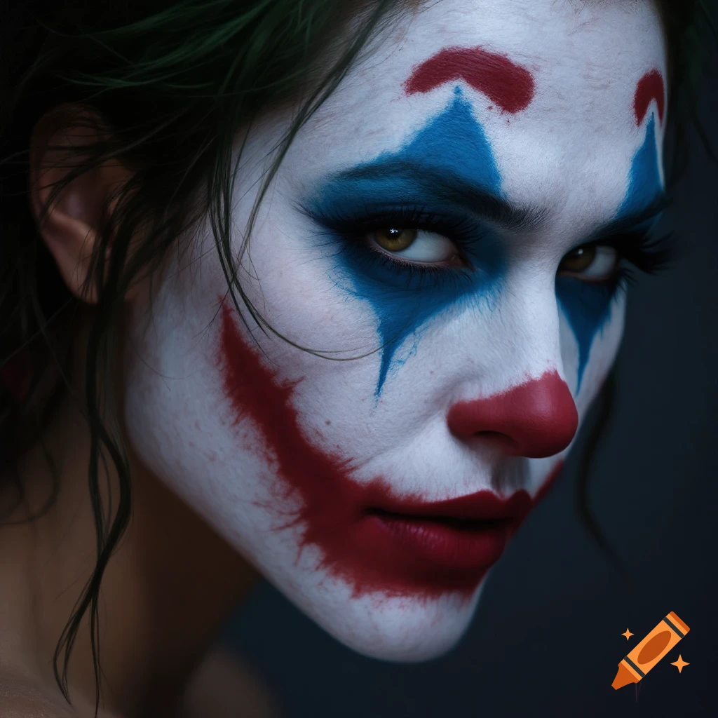 Close-up of a person with Joker makeup and green hair.