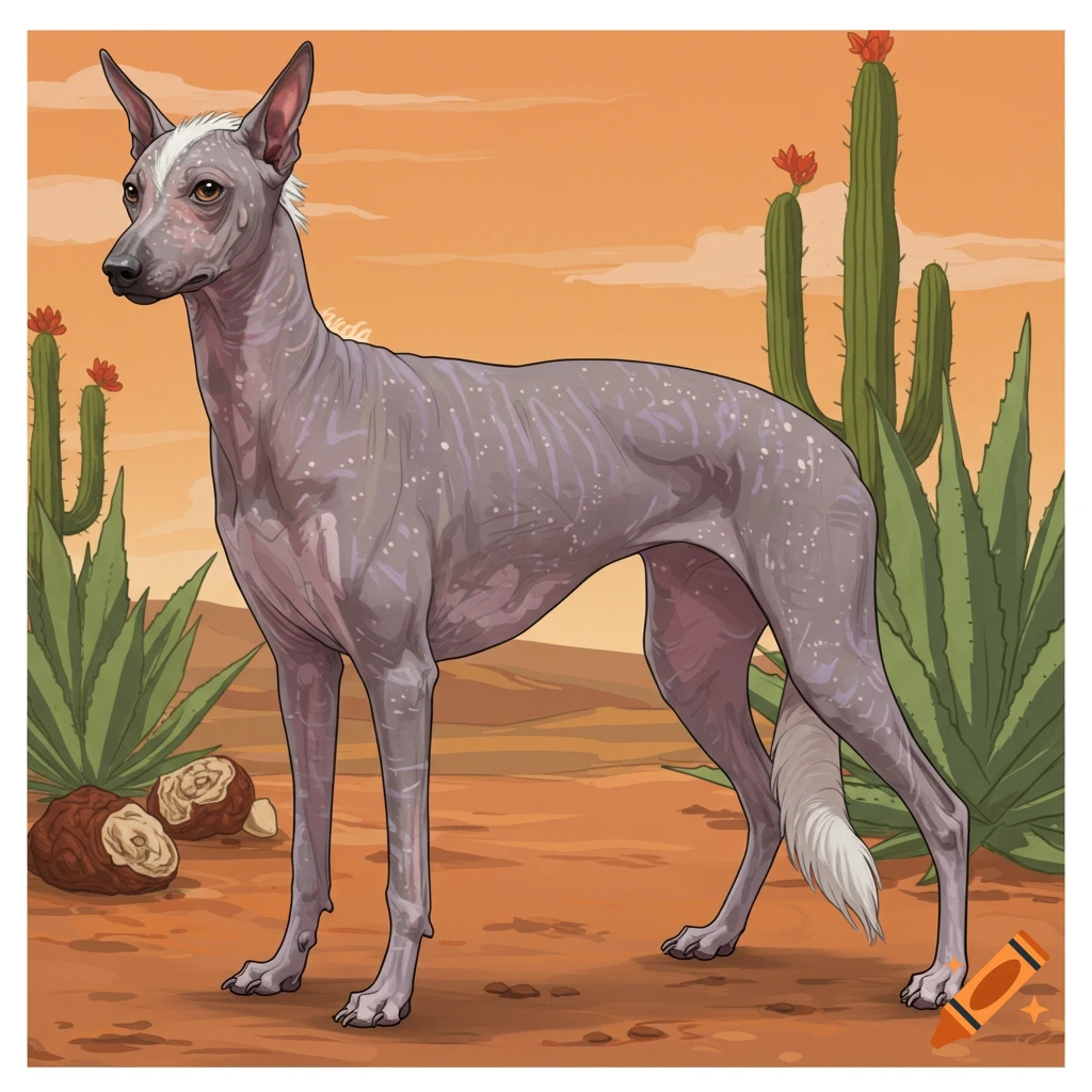 A spotted hairless dog with white fur on head and tail stands in a desert with cacti and rocks.