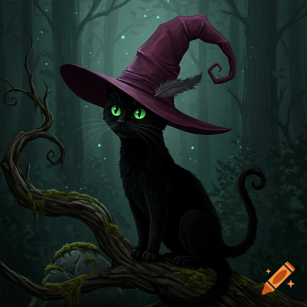 A black cat wearing a purple witch hat, sitting on a mossy branch in a dark forest at night.