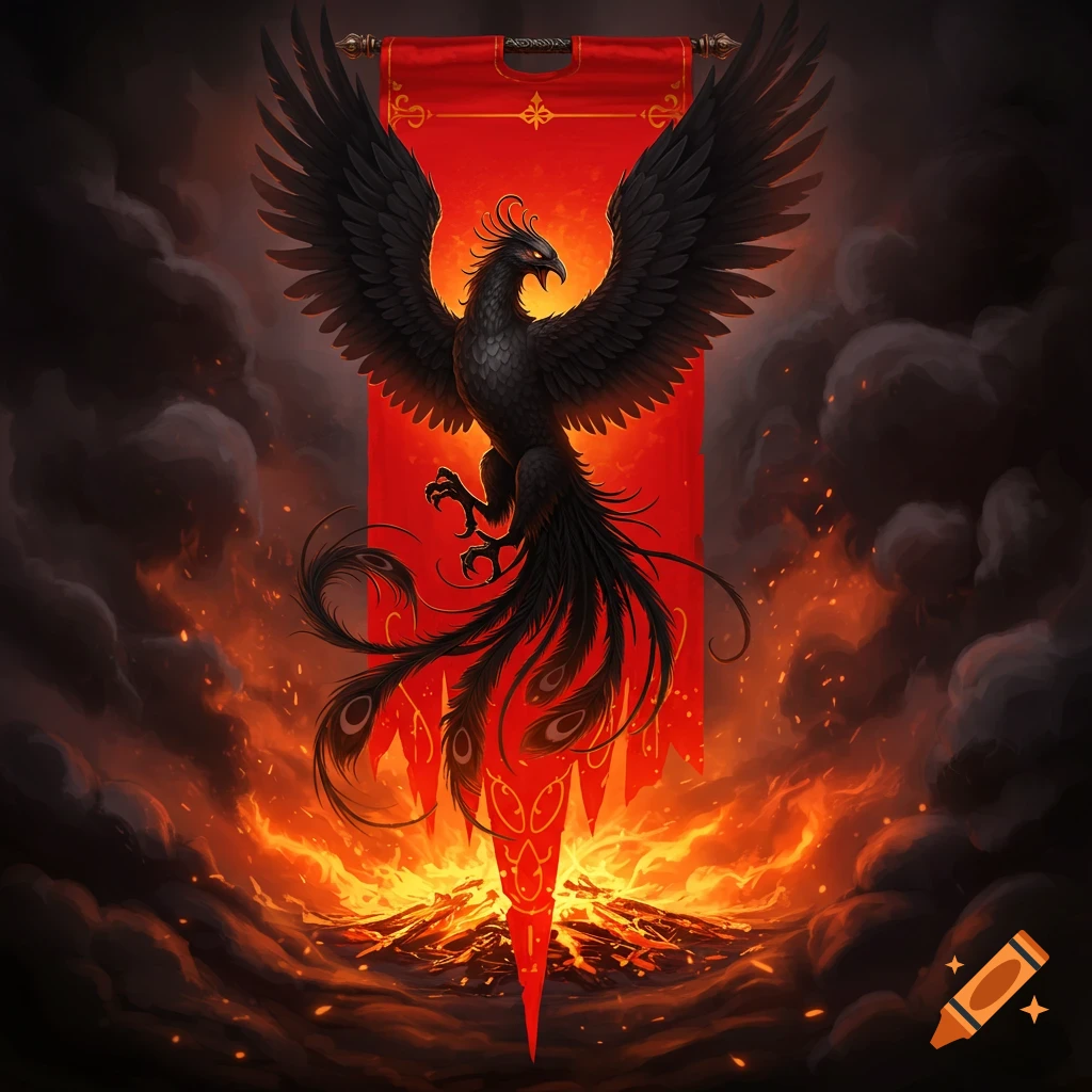 A black phoenix rising from fire in front of a red banner.