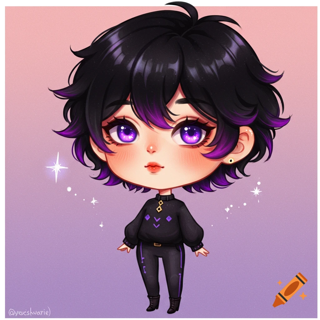A cute chibi character with black and purple hair, purple eyes, wearing a black sweater.