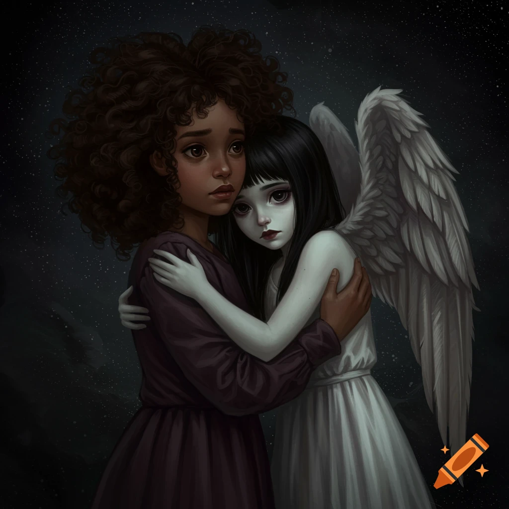 A girl with curly hair hugging an angel with wings in a dark, starry background.