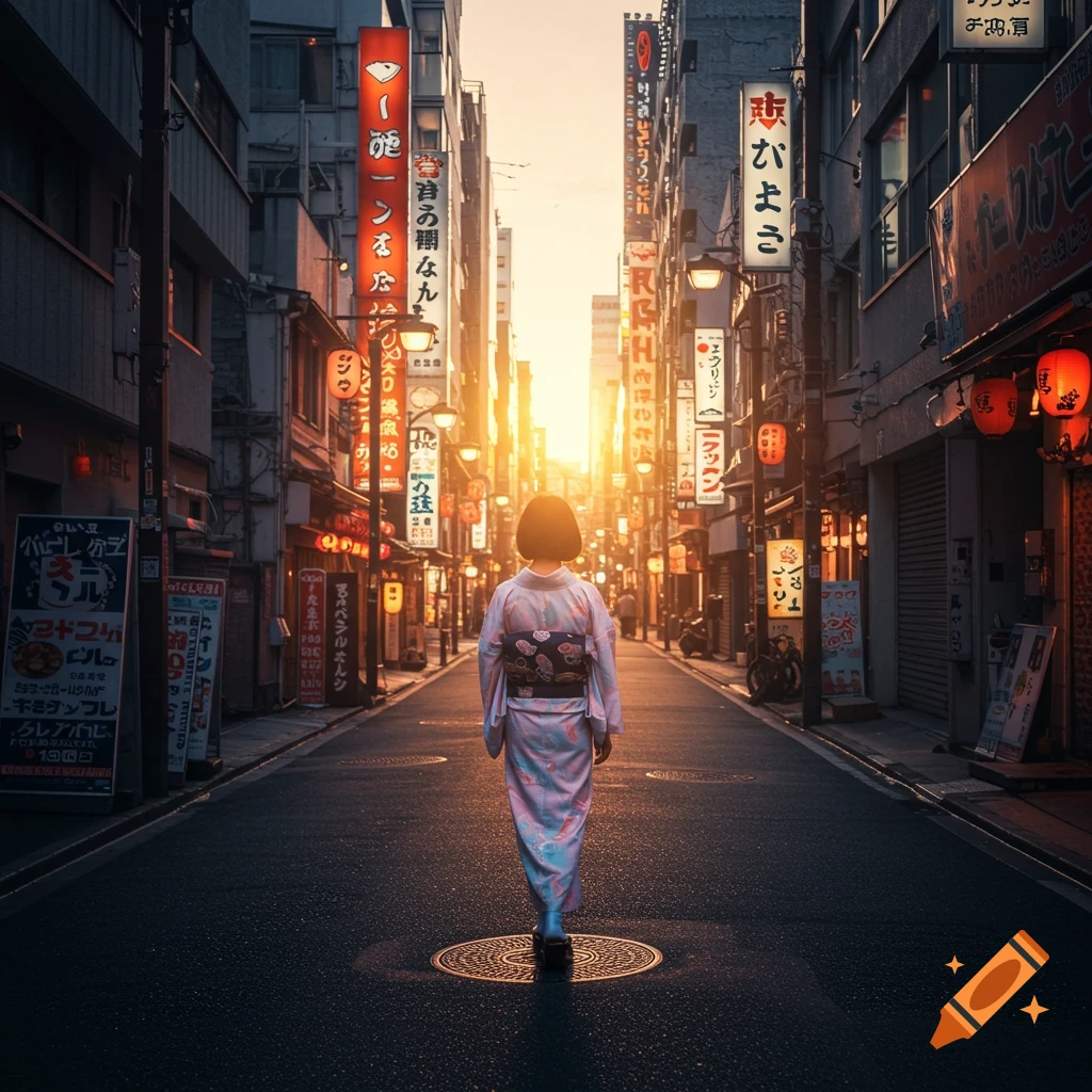A woman in a kimono walks down a street lined with illuminated signs at sunset in Tokyo.