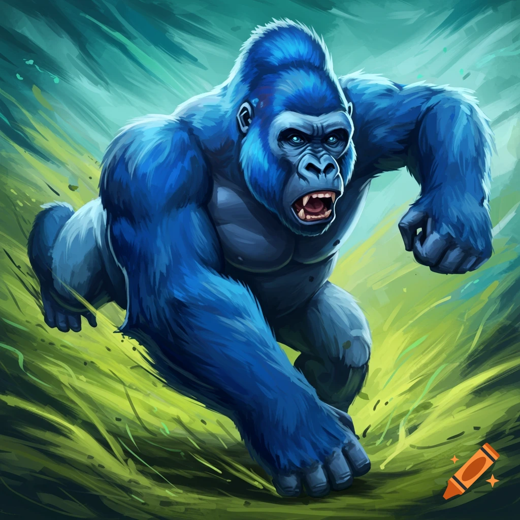 A dynamic blue gorilla charges forward.