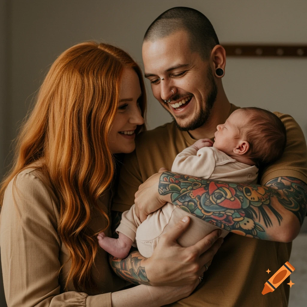 Candid photo of a joyful couple with colorful tattoos and auburn hair holding a newborn baby and smiling.